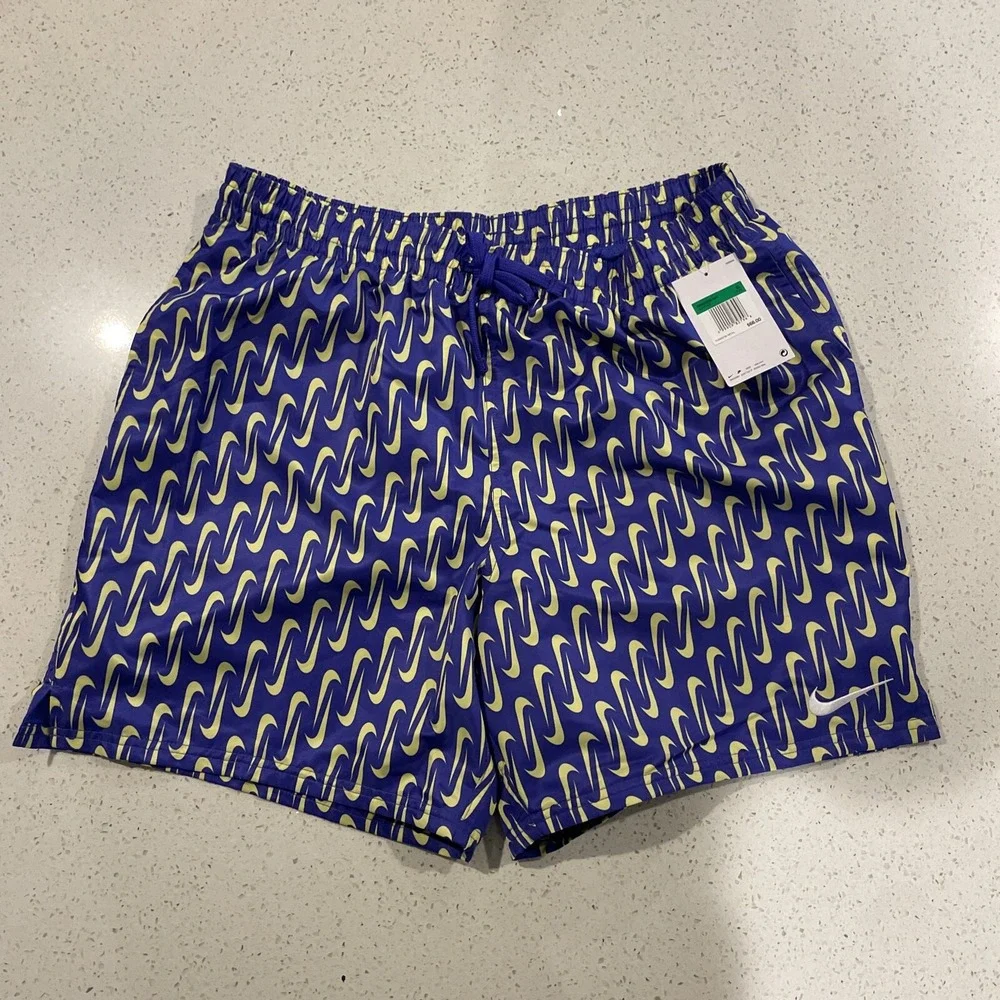 Nike Swim Shorts Mens XL Blue White Logo Swoosh Allover Print Volley 7